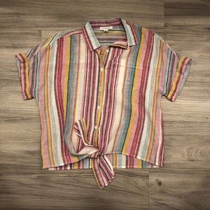 Striped cropped button T-shirt with tie front